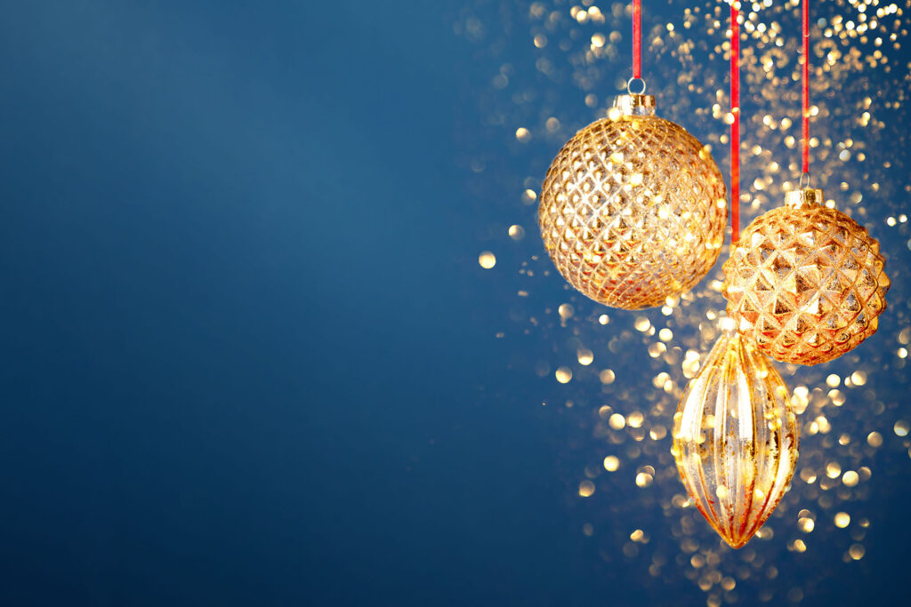 Three Golden Christmas Baubles On The Dark Blue Background. 002 2 green screen options