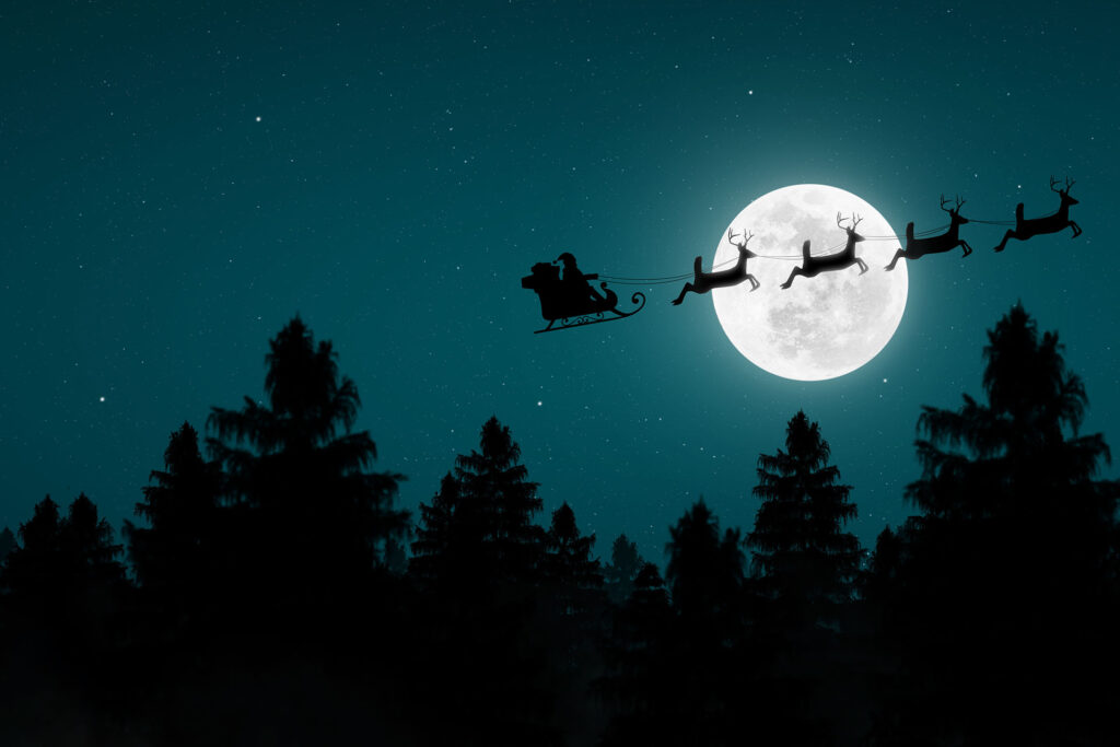 Panoramic Of Santa Claus Flying In His Sleigh Over The Moon 004 2 green screen options