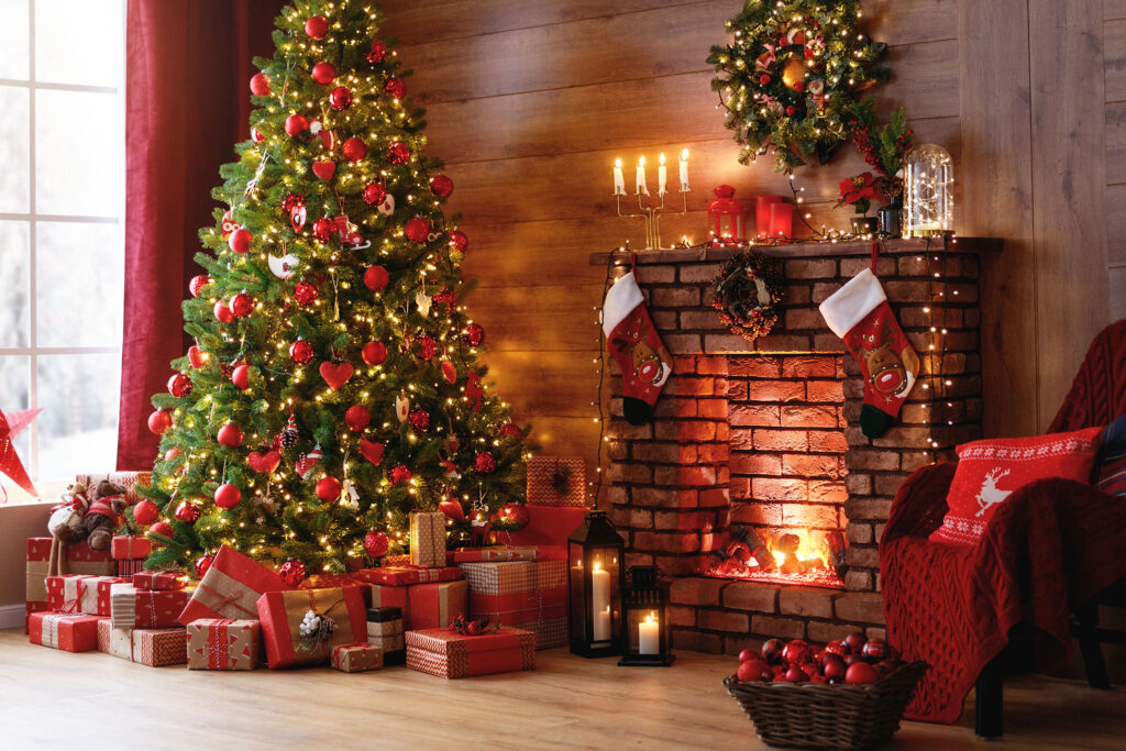 Interior Christmas. Magic Glowing Tree, Fireplace, Gifts 006 2 green screen options